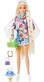 Barbie HDJ45 - Extra Puppe #12 mit floralem 2-teiligen Outfit & Zubehör, mit Hässchen, extra langes blondes Haar mit Herzsymbolen & flexiblen Gelenken, Spielzeug Geschenk für Kinder ab 3 Jahren