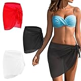 Landrain 3 Stück Pareos & Strandkleider für Damen, Bikini Cover up Strandrock, Pareo Sarong Strand(Schwarz+Weiß+Rot)