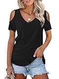 Beluring Oberteile Damen Sexy V-Ausschnitt Cold Shoulder Sommer T-Shirt Tops Schwarz L