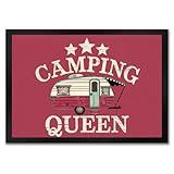 speecheese Camping Queen Wohnwagen Fußmatte in 35x50 cm mit pinkem Hintergrund Vintage-Stil Illustration von Campinganhänger unter Markise und Sternen