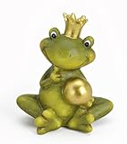 TEMPELWELT® Deko Garten Figur Frosch Froschkönig 15 cm, Keramik Grün Beige Mit Goldkugel, Dekofigur Märchenfrosch Gartendeko Tierfigur für Frühling Sommer Herbst