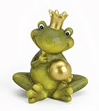 TEMPELWELT® Deko Garten Figur Frosch Froschkönig 15 cm, Keramik Grün Beige Mit Goldkugel, Dekofigur Märchenfrosch Gartendeko Tierfigur für Frühling Sommer Herbst