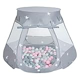 Selonis Baby Spielzelt Mit Plastikbällen Zelt 105X90cm/100 Bälle Plastikkugel Kinder, Grau:Perle-Grau-Transparent-Puderrosa