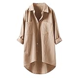 angebote des tages heute damen, damen hemdbluse, Leinenhemd Damen - Musselin Bluse mit Knopfleiste Oberteile Tunika Langarm Lange Elegant Longshirt Longbluse Leinenbluse Damen Oversized 011K Khaki, XL