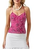 Damen-Top mit Pailletten, glitzernd, Neckholder, Y2K, Perlenverzierung, sexy Tank-Top, Ausgehen, Party, Clubwear, A-Rose Red, S