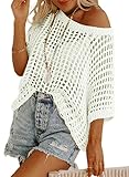 Chicrise Häkelpullover Damen Schulterfrei Rundhals Strickpullover Oversize Hakelnadel Cover Up Mesh Oberteil Lechit lässig Weiss S Klein 34-36