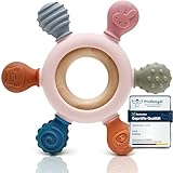 CAJA Beißring Baby - Beißspielzeug Zahnungshilfe aus Silikon & Holz, Baby, BPA-frei, Tiermotive, Zahnen & Greifring für Babys - Sicheres Baby Spielzeug (Pink)