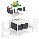 COSTWAY Kinder Spieltisch mit doppelseitiger Tischplatte, Bausteintisch mit Schubladen, 2 in 1 Schreibtisch und Zeichentisch aus Holz, Kinder Sitzgruppe zum Zeichnen, Lesen und Basteln