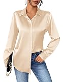 Zeagoo Satin Bluse Damen Satin Seide Hemd Elegant V-Ausschnitt Hemden Business Blusentop Langarm Shirt Lässiges Oberteile Lockere Tops Beige XXL