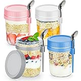 DRKIO 4 Stück Haferbehälter mit Deckel und Löffeln, 473 ml, Glas-Einmachgläser für Übernachtung, Haferflocken, Behälter für Müsli, Obst, Gemüse, Milch, Salat, Joghurt, Mahlzeiten, Vorbereitung