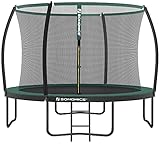 SONGMICS Trampolin Ø 305 cm, Gartentrampolin für Kinder mit Sicherheitsnetz, 180 cm hohe gebogene Stangen, Randabdeckung, Leiter, Stahlrahmen, schwarz-dunkelgrün STR102C01