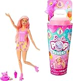 Barbie Pop Reveal Fruit - Überraschungspuppen mit 8 fruchtigen Überraschungen, inklusive beweglicher Puppe mit Erdbeerlimonadenduft und Squishy-Hündchen, ab 3 Jahren, HNW41