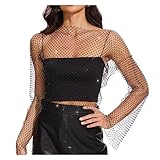 JasGood Strass Glänzendes Mesh Körper Kette Tops für Frauen Funkelnde Bikini Crop Top für Nachtclub Party Festival