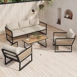 Jtyca Gartenmöbel Set, 4-TLG Balkon Möbel Set, Lounge Möbel Outdoor, Terassenmöbel mit 3er Sofa, 2 Sessel und Couchtisch, Tischplatte aus Kunststoffholz, Armlehnen aus Geflochtenem Seil, Beige