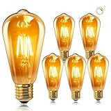 6 Stück Edison Vintage Glühbirne E27 Dimmbar 220V, ST64 Retro LED Filament Lampe 4W, Ersetzt 40W Glühlampen, 400LM Warmweiß 2700K, Nostalgie LED Leuchtmittel E27 für Café, Restaurant, Bar, Haus