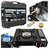 Campingkocher 2in1 Gas – Tragbarer Gaskocher mit Piezozündung, 2500 W Leistung, für Kartusche & Gasflasche, inkl. Tragekoffer & Windschutz – Outdoor, Camping, Angeln, Trekking