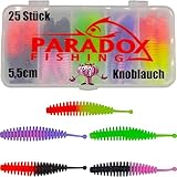 Paradox Fishing Forellenköder Gummi Set 5,5cm mit Box 25 St. I UV Forellenköder Gummi Gummiköder Forelle I Forellen Angeln Spoon Set Forellenteig - Spoons Forelle (Knoblauch)