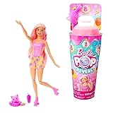 Barbie Pop Reveal Fruit - Überraschungspuppen mit 8 fruchtigen Überraschungen, inklusive beweglicher Puppe mit Erdbeerlimonadenduft und Squishy-Hündchen, ab 3 Jahren, HNW41