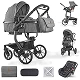BRONEA® UNICO Kinderwagen 3-in-1 Komplettset Inkl. Auto-Babyschale und Matratze für Babywanne | Auch als Buggy | Zusammenklappbar mit Wickeltasche, Regenschutz, Mückenschutz & Sonnenschutz - Grau/Grau