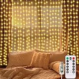 300 LED lichtervorhang 3x3m, USB lichterketten Vorhang mit Fernbedienung Timer Weihnachten LED Lichterkette mit Haken für Hochzeit Innen und außen Deko (Warmweiß)