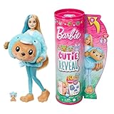 Barbie Cutie Reveal Puppe - 10 Überraschungen, Plüschtierfreunde, Outfits, Farbwechselspaß, Teddybär in Delfin-Plüschkostüm, Colorblock-Haare, Mini-Haustier, Fleece-Jacke, ab 3 Jahren, HRK25