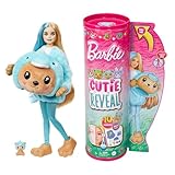 BARBIE Cutie Reveal Puppe - 10 Überraschungen, Plüschtierfreunde, Outfits, Farbwechselspaß, Teddybär in Delfin-Plüschkostüm, Colorblock-Haare, Mini-Haustier, Fleece-Jacke, ab 3 Jahren, HRK25