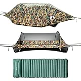 Night Cat Hängematte Outdoor Wetterfest: Hängemattenzelt Flach Liegend mit Moskitonetz Tarp und Aufblasbare Schlafmatte XXL für 1 Personen Camping Trekking und Garten