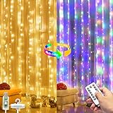 Lichterkette Vorhang Innen Dimmbar Warmweiß/Bunt, Lichtervorhang 3x3m 300 LED Vorhang mit 8 Lichtmodelle,IP65 Wasserdicht USB mit Fernbedienung für Party Weihnachten