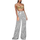 Damen Glitzer Pailletten Schlaghose Glitzer Leggings Damen Silber Casual Holographische Farbe Streetwear Hosen Hip Hop Mode Glatte Elastische Hosen Leggings Metallic Damen Pailletten Hose Damen