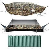Night Cat Hängematte Outdoor Wetterfest: Hängemattenzelt Flach Liegend mit Moskitonetz Tarp und Aufblasbare Schlafmatte XXL für 1 Personen Camping Trekking und Garten