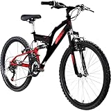 Galano FS240 Mountainbike Kinderfahrrad 24 Zoll Fahrrad 130-145 cm Fully ab 8 mit 18 Gängen Jugendfahrrad MTB (schwarz/rot, 37 cm)