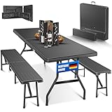 KESSER® Bierzeltgarnitur 3-teilig Set Tisch + 2X Bank, für drinnen - draußen klappbar Tragegriffe, 183x76x74 cm, Kunststoff, Rattan-Look Gartengarnitur, Klapptisch, Gartentisch, Schwarz