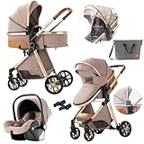 Nine point nine Kinderwagen 3 in 1, Kinderwagen Set mit Umkehrbarem Doppelschiebemodus, Kombikinderwagen 3 in 1 mit Großer Bequemer Babywanne, Kinderwagen Rahmen Aluminiumlegierung (V9 Khaki)