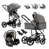 Reenborn Kinderwagen 3 in 1, Buggy mit Zwei Umkehrbaren Schiebemodi, Kinderwagen mit Rahmen Aluminiumlegierung, Kombikinderwagen 3 in 1 Komplettset mit Ein-Klick-Faltdesign (588 Grey)