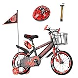 Habib Gruppe Kinderfahrrad Jungenfahrrad 14 Zoll ab 3 Jahre – mit LED Stützrädern, Korb, Klingel & GRATIS Helm & Pumpe, Vorderradbremse (Rot)