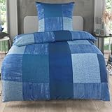 Bettwäsche 135x200 2 teilig - Mikrofaser Bettbezug 135x200 cm + Kissenbezug 80x80 cm - atmungsaktiver Stoff mit Reißverschluss - für Einzelbett - modernes Karo Design Blau