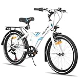 Hiland Rocket 20 Zoll Kinderfahrrad Mountainbike für Kinder Jungen Mädchen ab 6 7 8 9 10 Jahren mit 6 Gang, Twist Grip Shift, Beleuchtung nach STVO, Gepäckträger, Aluminium ständer, weiß