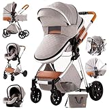 MoLi Kinderwagen 3 in 1, Kinderwagen mit Umkehrbarem Doppelschiebemodus, Buggy mit Großer Bequemer Babywanne, Kombikinderwagen 3 in 1 Rahmen Aluminiumlegierung Faltbar Hohe Landschaft (225 Light Grey)