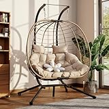 Amopatio Doppel Hängesessel mit Gestell & Kissen, Wetterfester Rattan Hängeschaukel für 2 Personen, Mental Schaukelsessel für Garten, Balkon, Terrasse, Indoor, Outdoor, Beige