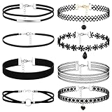QFGasre 8 teiliges schwarzes Choker Set aus Spitze und Samt mehrlagig klassisches Choker Set Samthalsband für Damen verstellbar Gothic Punk Halloween klassisch