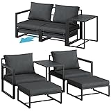 STEELSØN Asteri Sitzgruppe 5-teilig – Gartenmöbel Set mit 2 Sessel, 2 Hocker, 1 Tisch – Balkonlounge Metallgestell Schwarz – inkl. Sitzpolster anthrazit – Terrassenlounge für 2-4 Personen – wetterfest