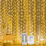 Aomig Lichtervorhang3x3m,Vorhang Lichterketten 2 in 1 USB & Batterie,LED Lichtervorhang mit10 Haken&Fernbedienung, 8Modi, IP65 Wasserdicht,Innen Weihnachten Deko,Hochzeit, Partydekoration-Warmweiß