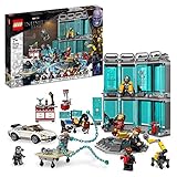 LEGO 76216 Marvel Iron Mans Werkstatt mit 3 Kampf-Anzügen, Spielzeugauto und Roboter, Avengers-Spielzeug zum Bauen, Set mit 5 Minifiguren, Geschenk für Kinder ab 7 Jahren
