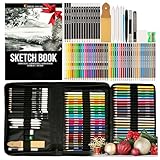 Zenacolor 74-teiliges professionelles Zeichenstifte Set, Federmappe mit 24 Wasserfarb-Malstiften, 12 Buntstifte, 12 metallische Malstifte, 12 Bleistifte und Zubehör - 1 Skizzenbuch