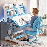 Höhenverstellbarer Kinderschreibtisch mit Stuhl Set - Ergonomischer Schreibtisch für Kinder ab 6 Jahren, Schreibtisch mit Stuhl für Jungs & Mädchen, verstellbarem Fußbrett & Bücherstände (Blau)
