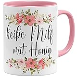 OM3® heiße Milf mit Honig Tasse mit Spruch Milfkaffee Kitschig | Keramik Becher | 11oz 325ml | Beidseitig Bedruckt | Rosa