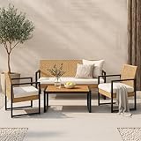 casa.pro Gartenmöbelset Calciano 4-TLG. Balkonmöbel Tisch mit Bank und 2 Stühlen Outdoor Sitzgarnitur Polsterkissen Lounge Möbel Rattan-Optik wetterfest