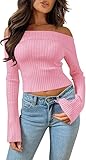 Saodimallsu Damen Strickpullover Schulterfrei Pullover Slim Fit Langarmshirt Sexy Einfarbig Pulli Casual Oberteile Tops Rosa L