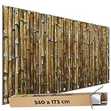 TRIOSK Sichtschutz Garten Dekoration Plane groß mit Motiv Bambus Stäbe Zaun Optik Motivbanner Blickdicht für Terrasse Gartenzaun Gartenposter PVC Zaunblende 340x173 cm Braun