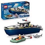 LEGO City Verfolgungsjagd im Polizeiboot – Spielset mit schwimmfähigem Schnellboot, Schlauchboot des Ganoven, 3 Mini-Figuren und Einer Haifigur – Geschenk für Jungen und Mädchen ab 6 Jahren – 60456